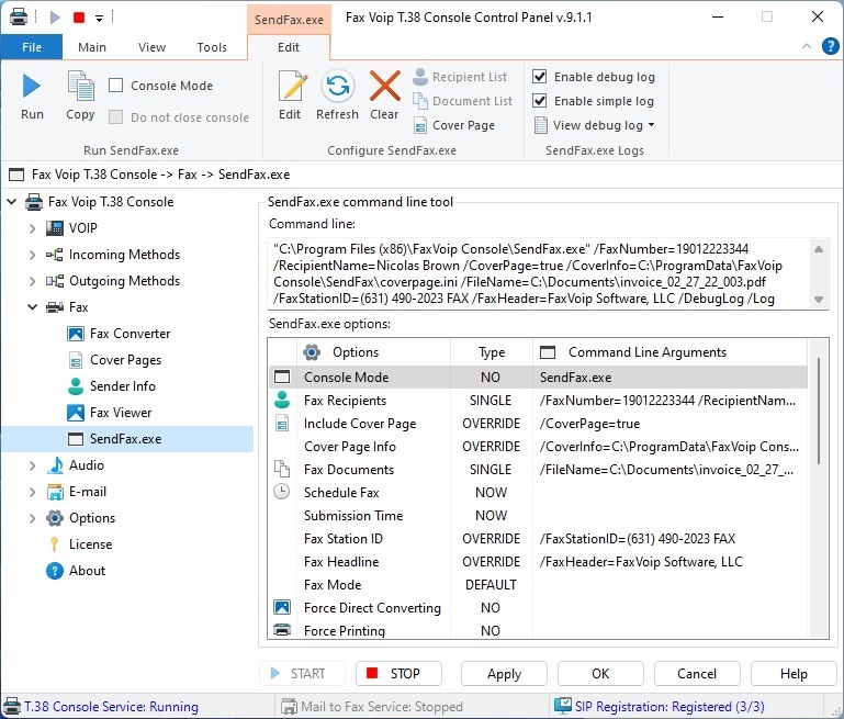 Configure SendFax.exe